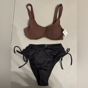 NWT Victoria’s Secret Swim Pink S Bronze Shimmer U/W Bikini Black Tie Bottom Set